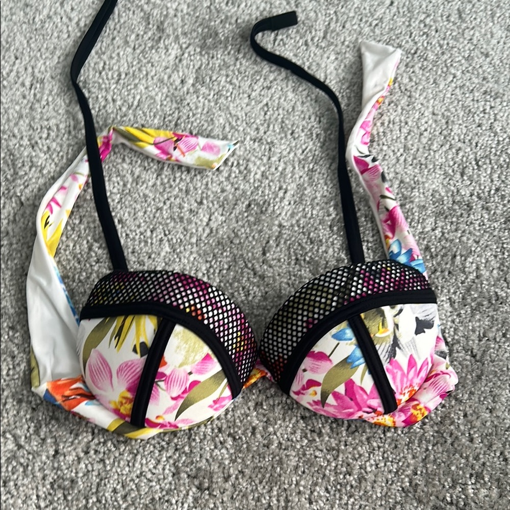 Floral Bikini Top with Black Straps